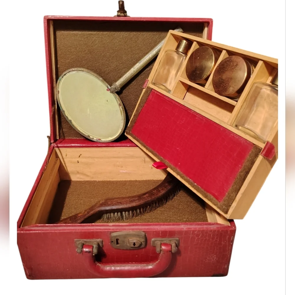 Vintage Early 1900s Red Vanity / Toiletry Case with Mirror, Containers, & Brush